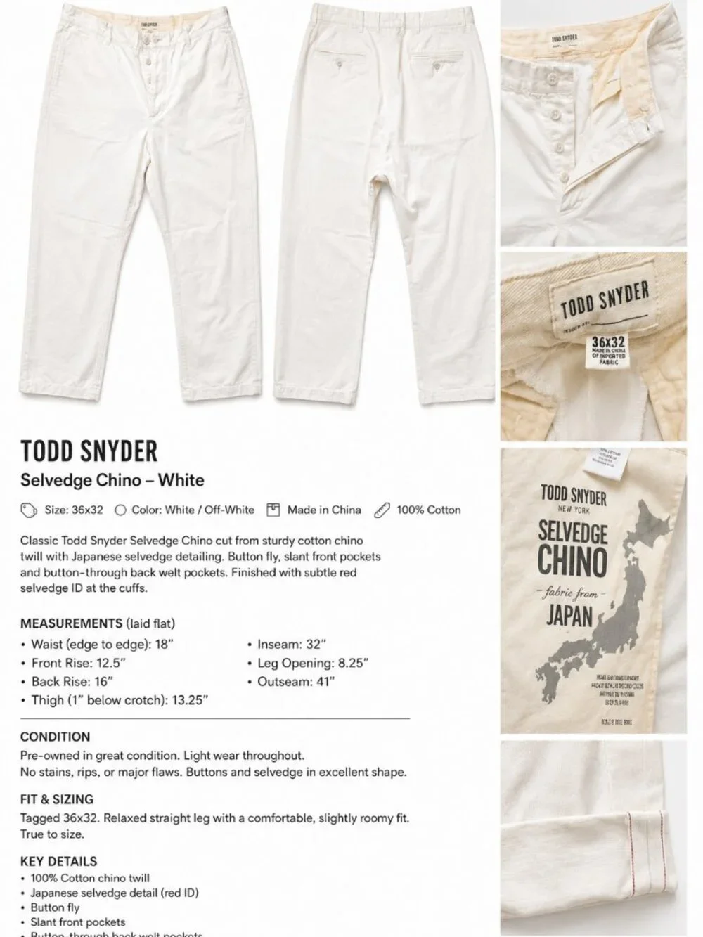 Todd Snyder Japanese Selvedge Chino Pants White 36x32 Button Fly